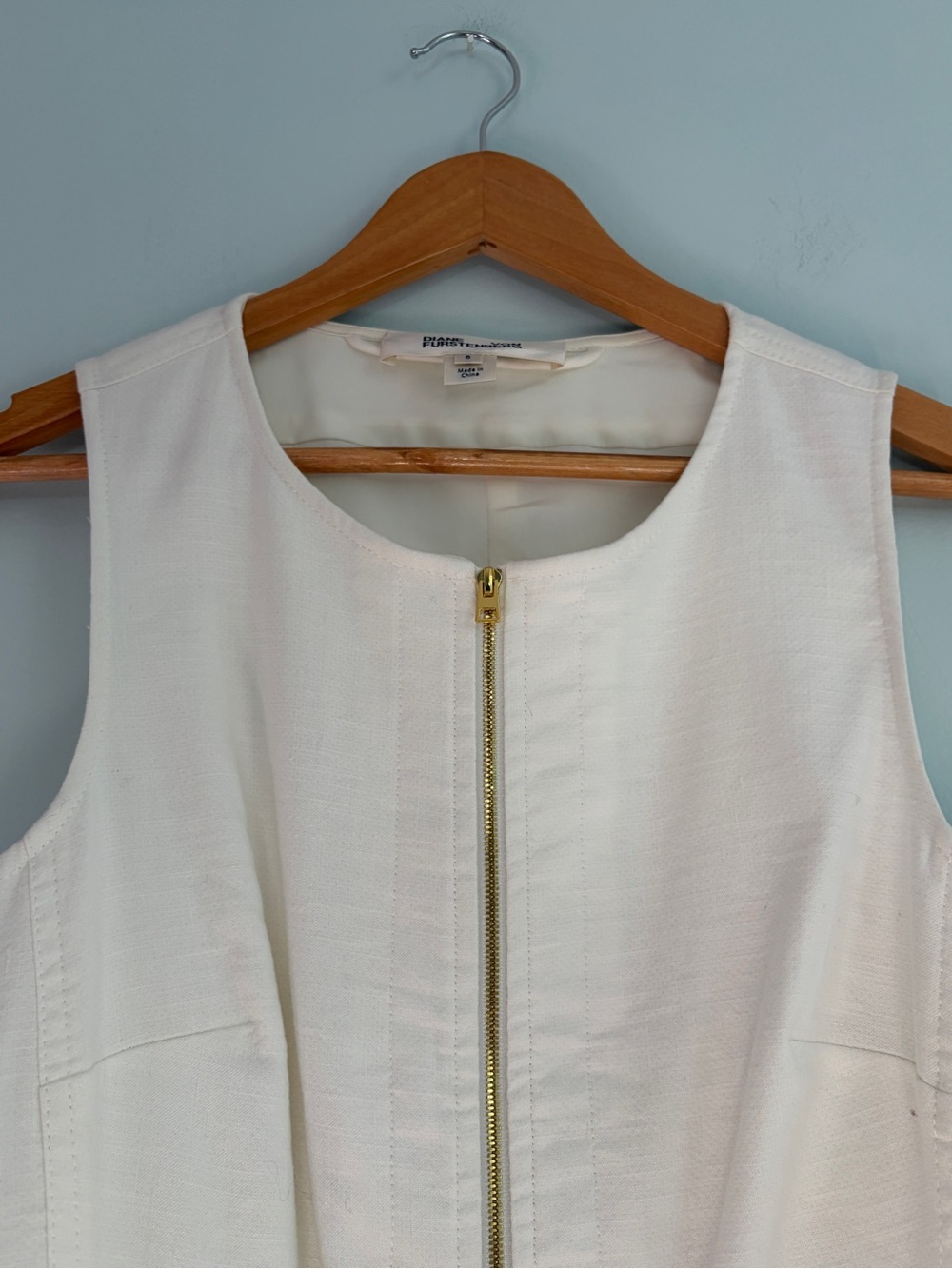 Diane Von Furstenberg White Cream Cotton Linen Sleeveless Dress Pockets Size 6 - Picture 6 of 16